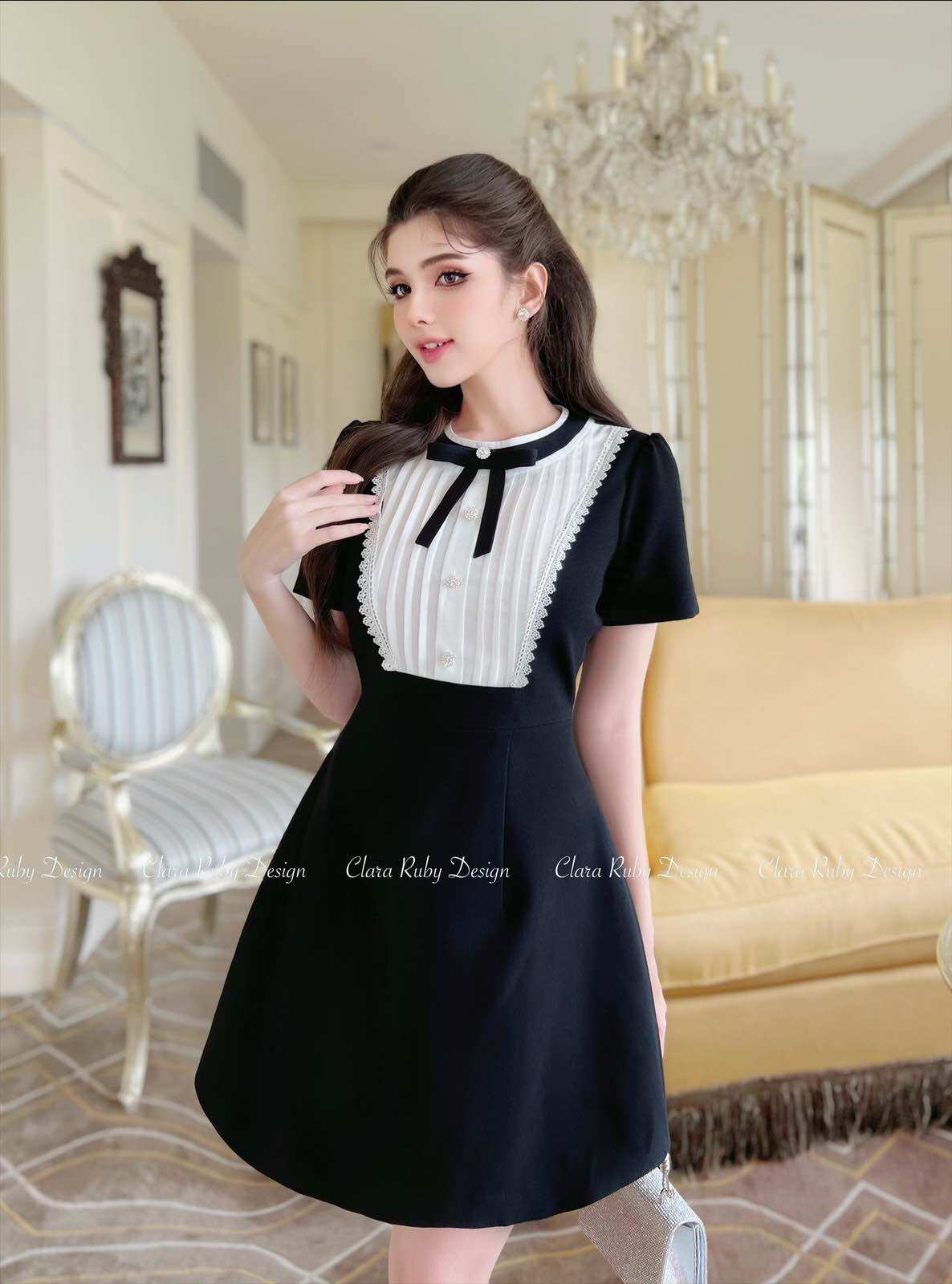 Váy đen phối ren nơ cổ - Thiết kế Clara ruby design