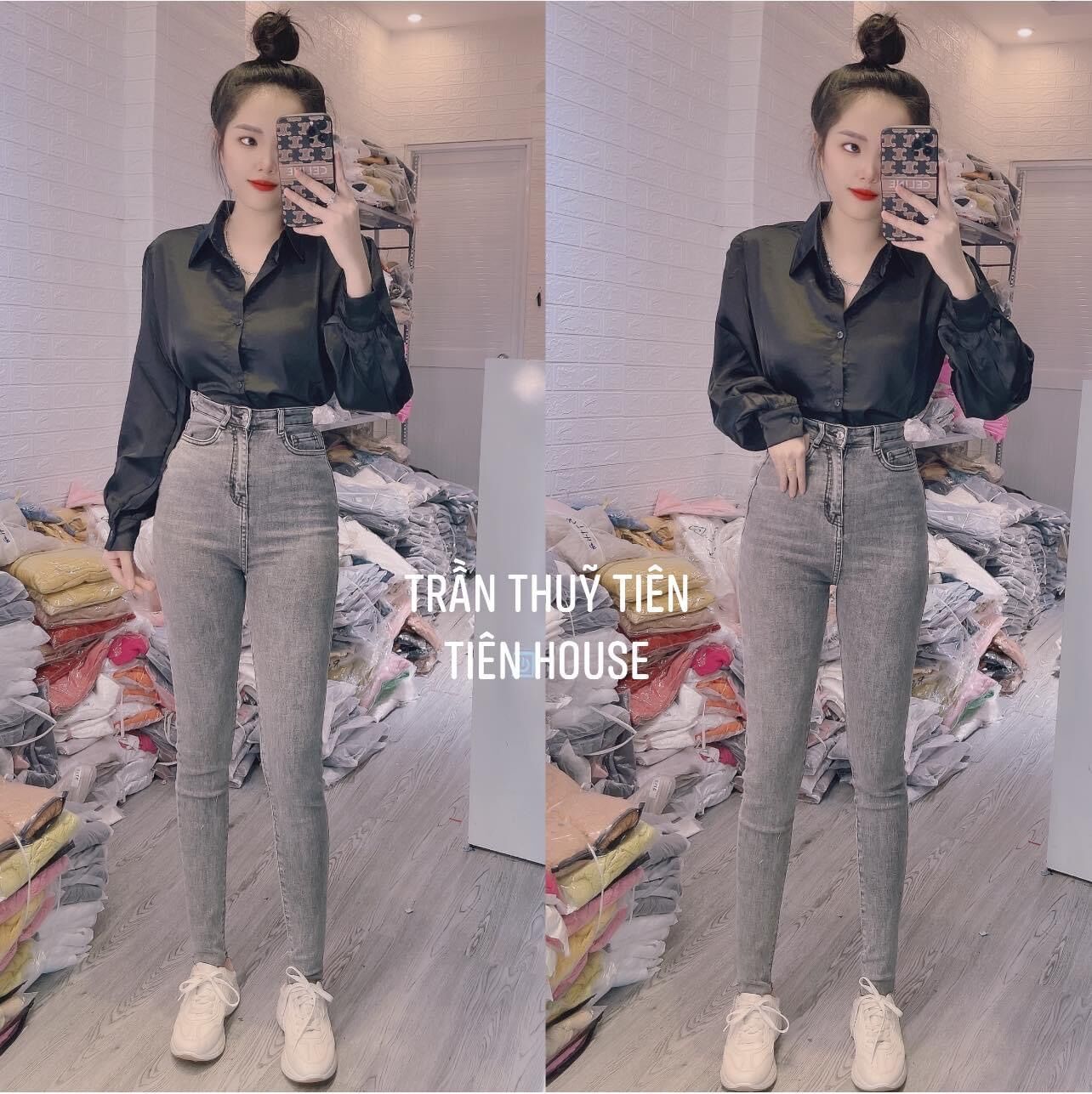 Set jeans dài lưng cao xám trơn + sơ mi tay dài