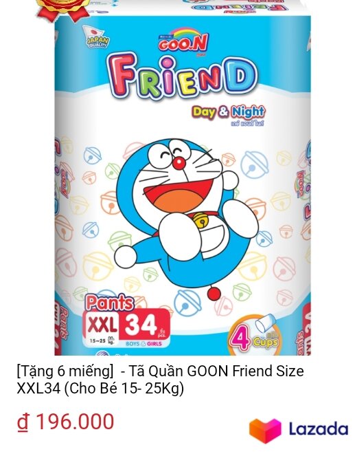 [Tặng 6 miếng] - Tã Quần GOON Friend Size XXL34 +6 miếng (Cho Bé 15- 25Kg)