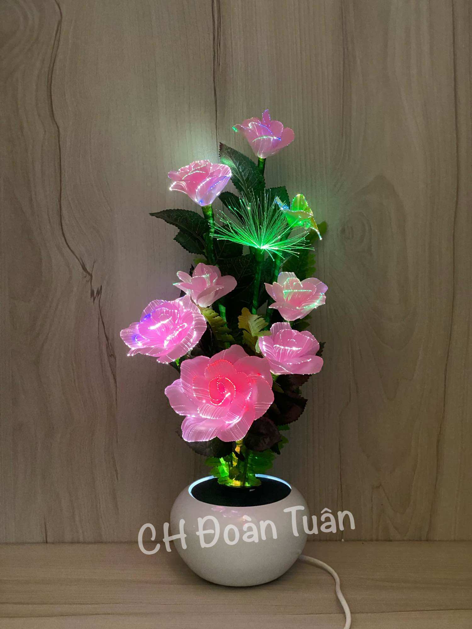 Chậu hoa đèn LED để bàn trang trí - đèn bình hoa thủy tinh