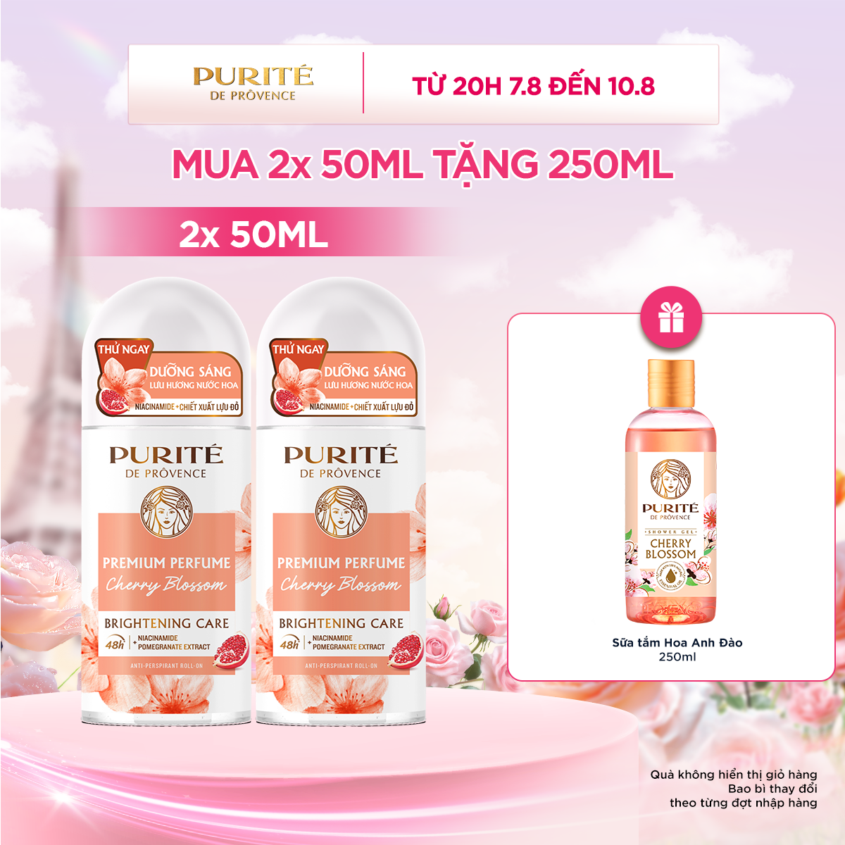 Combo 2 Lăn Khử Mùi Dưỡng Sáng Hương Nước Hoa Cao Cấp Purité Hương Hoa Anh Đào 50MLx2 + Tặng Sữa Tắm Purite Anh Đào 250ML