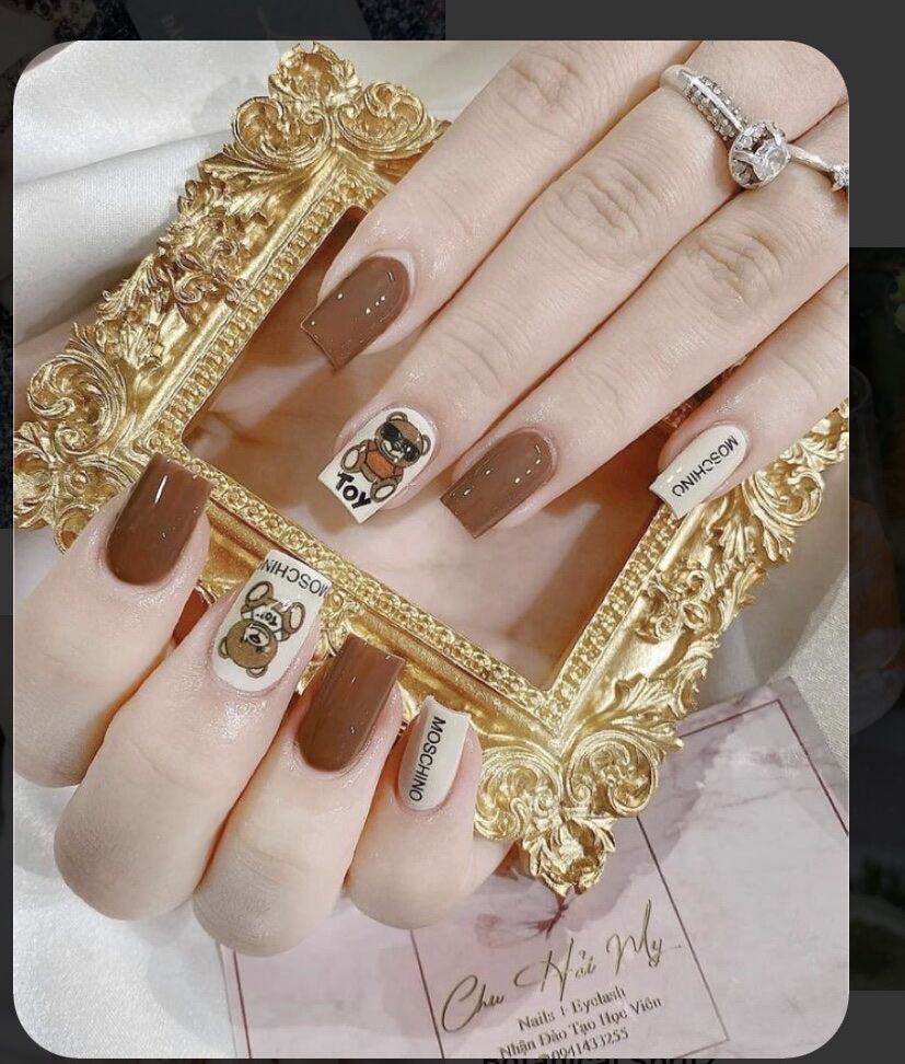 Nailbox/ bộ 24 móng tay up thiết kế/móng tay giá rẻ phối màu nâu gấu