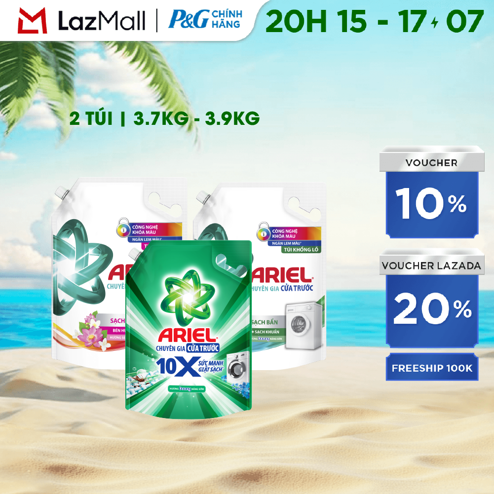 Combo 2 Nước Giặt Cửa Trước ARIEL Ngăn Lem Màu, Quần Áo Siêu Thơm Hương Downy Nắng Sớm/ Hương Sen Nhài/ Oải Hương Túi 3.9KG/ 3.7KG