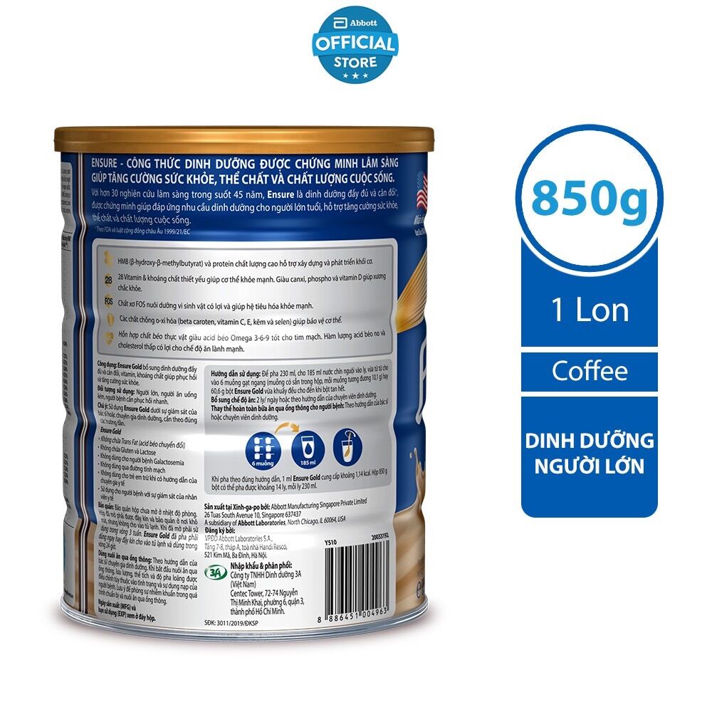Lon sữa bột Ensure Gold Coffee (HMB) 850g