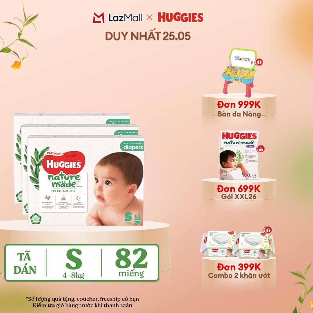 [CHỈ 25-29.05 QUÀ TẶNG ĐƠN 399K](Mua 1 tặng 1) Combo 3 Tã/Bỉm dán sơ sinh Huggies Platinum NatureMade S82 (4-8kg)-Gói Super Jumbo 82 miếng