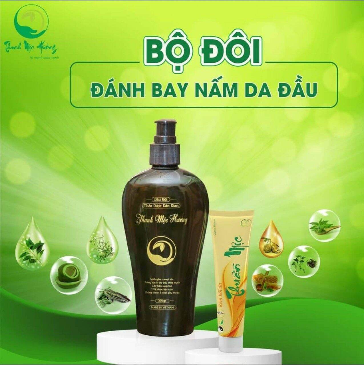 [Hàng chính hãng] Bộ SP Đánh bay Nấm Da Đầu (Dầu Gội 350ml+ Kem Bôi Da Thuần Mộc 16g Thanh Mộc Hương