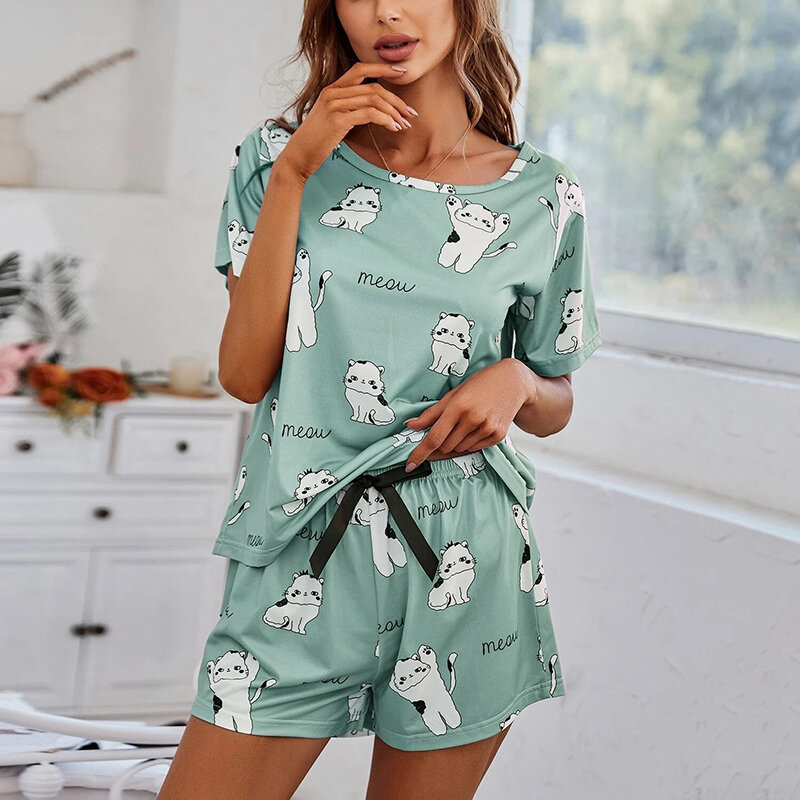 Phụ nữ bộ đồ ngủ ngắn tay áo quần áo ngủ hàng đầu và quần áo ngủ 3 mảnh pjs loungewear phim hoạt hình in bộ đồ ngủ bộ đồ ngủ