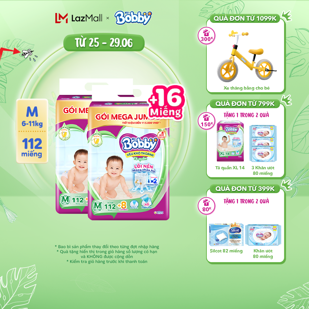 Combo 2 Tã/bỉm quần Bobby 3mm Gạo non M112