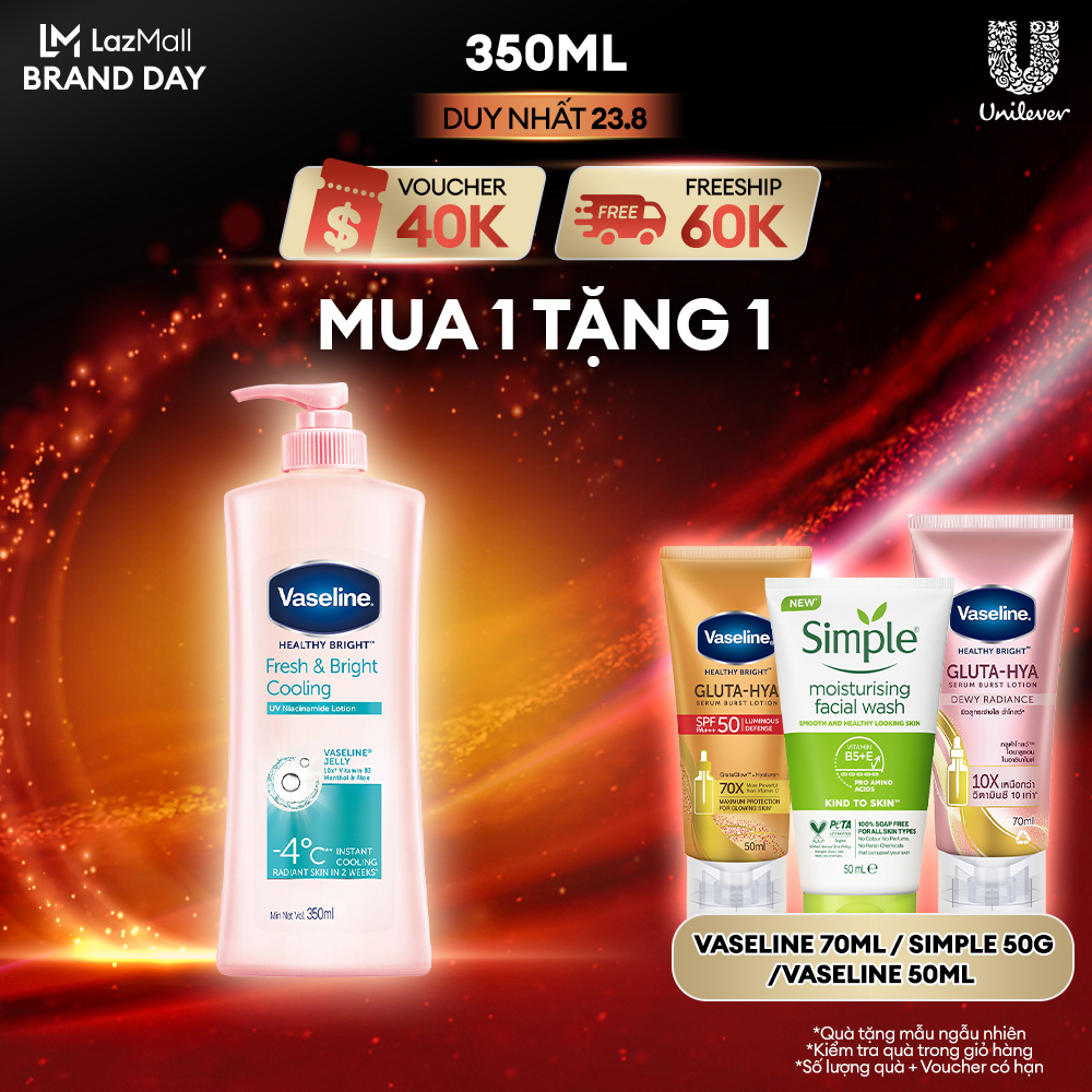 Sữa Dưỡng Thể Vaseline Dưỡng Ẩm Fresh & Bright 350ml 10x Niacinamide Da Sáng Khỏe Mịn Căng Tinh Chất Menthol Mát Lạnh