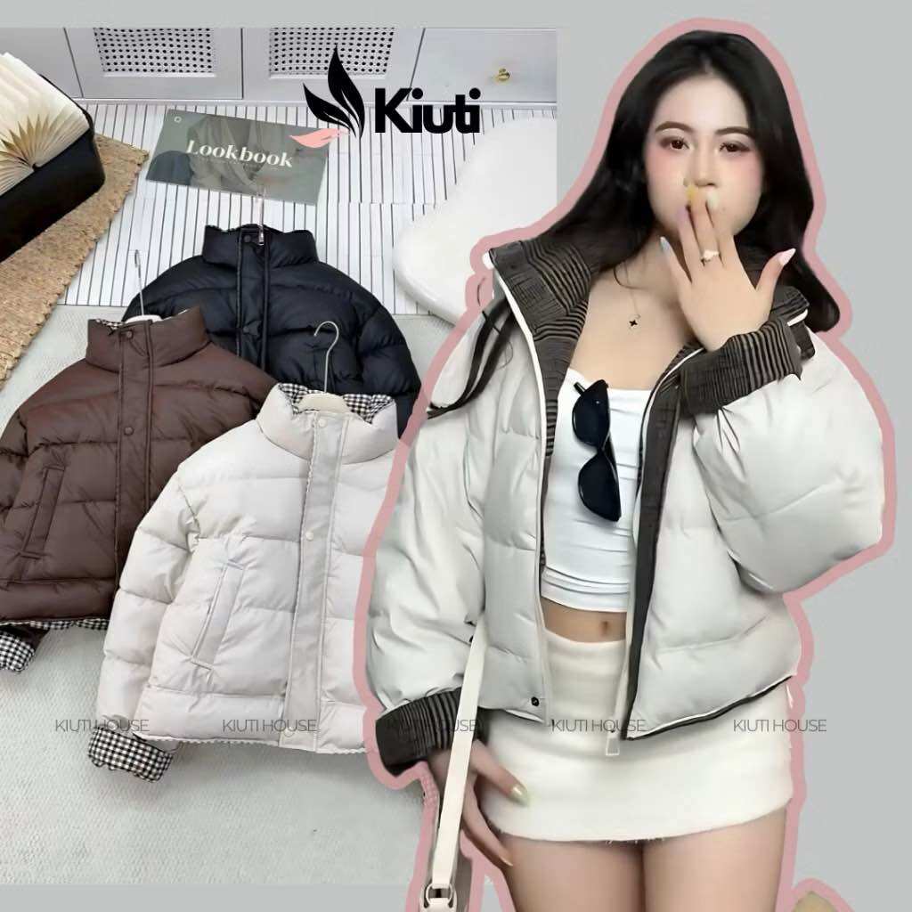 Áo khoác phao nữ chất da phối kẻ caro áo phao nữ cổ cao dáng ngắn có dây rút dưới áo phao béo mùa đông dáng croptop