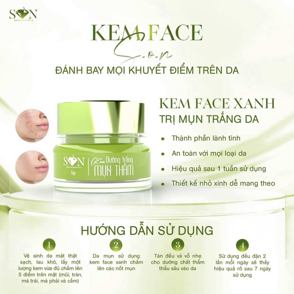Combo kem face xanh mụn dưỡng trắng ( tặng cao bưởi )