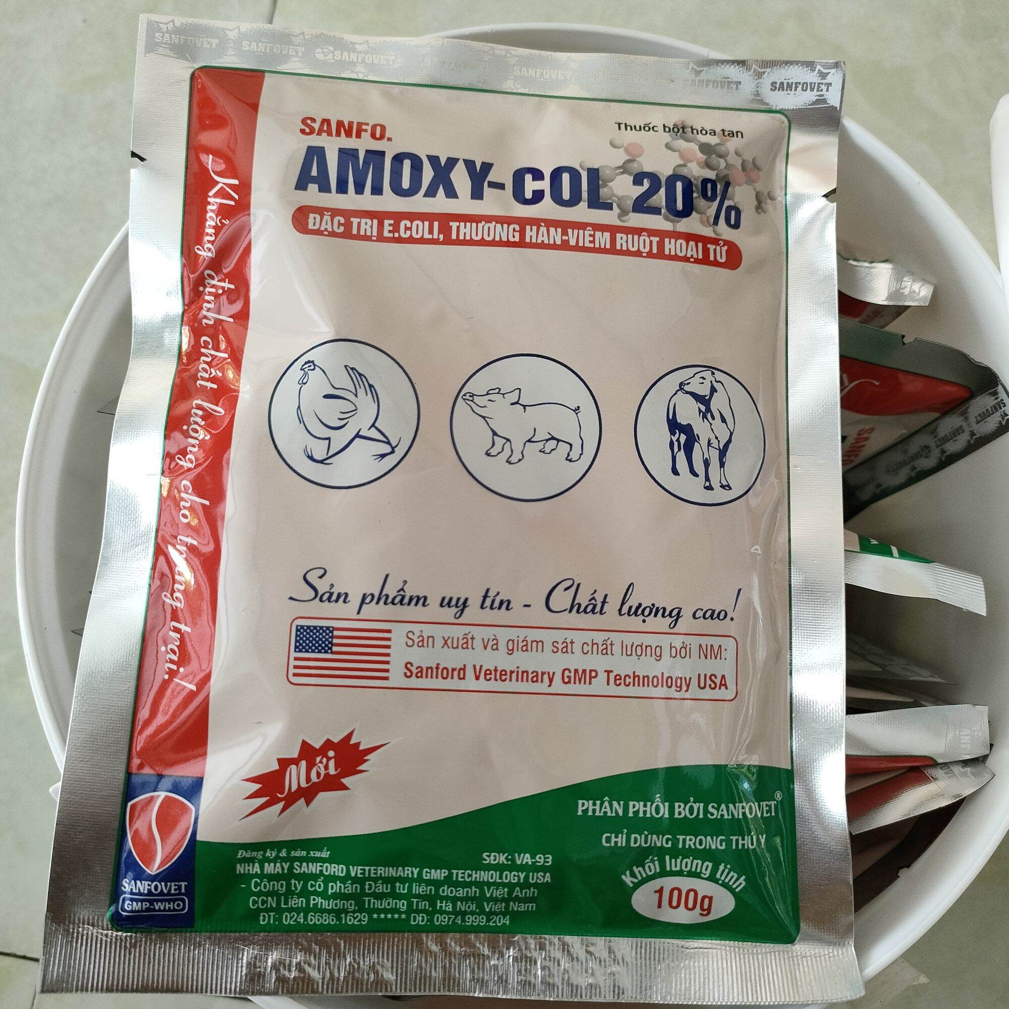 Amox 20% / Amox colis 100g, 1kg chủ trị ecoli, thương hàn, viêm ruột hoại tử