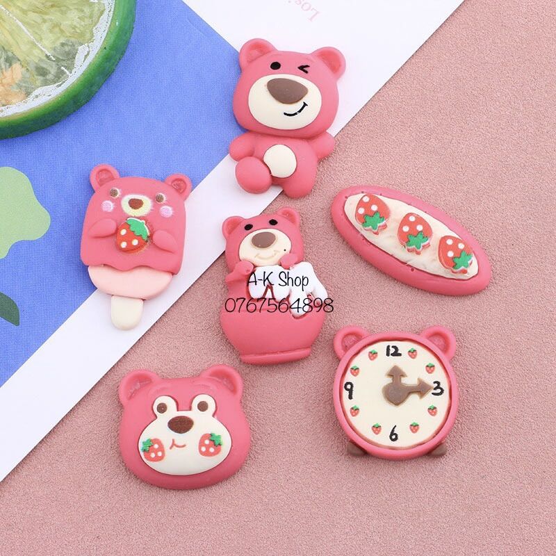 Sét 10 - 20 charm/center nhiều mẫu gấu dâu dễ thương, dùng làm phụ kiện tóc, smile