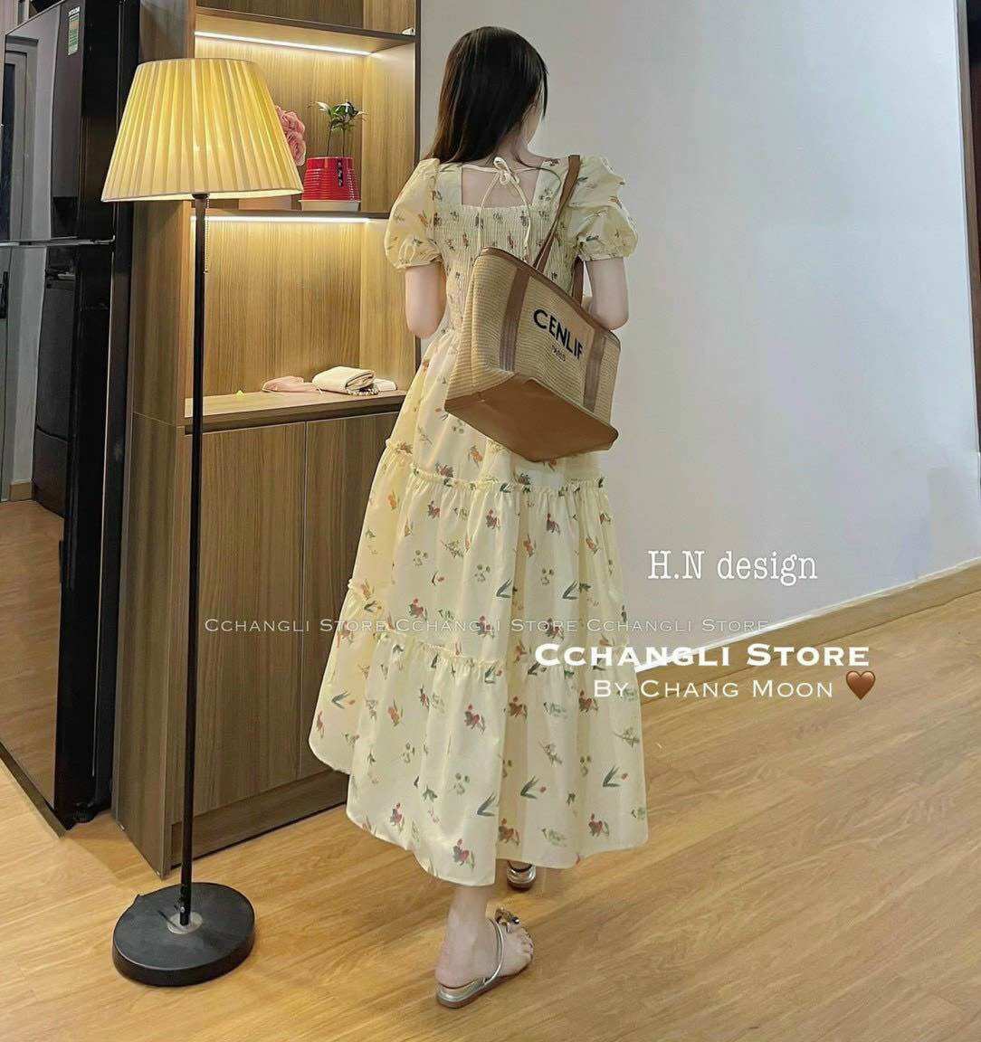 ĐẦM XINH HOA NHÚN CỔ VUÔNG BG