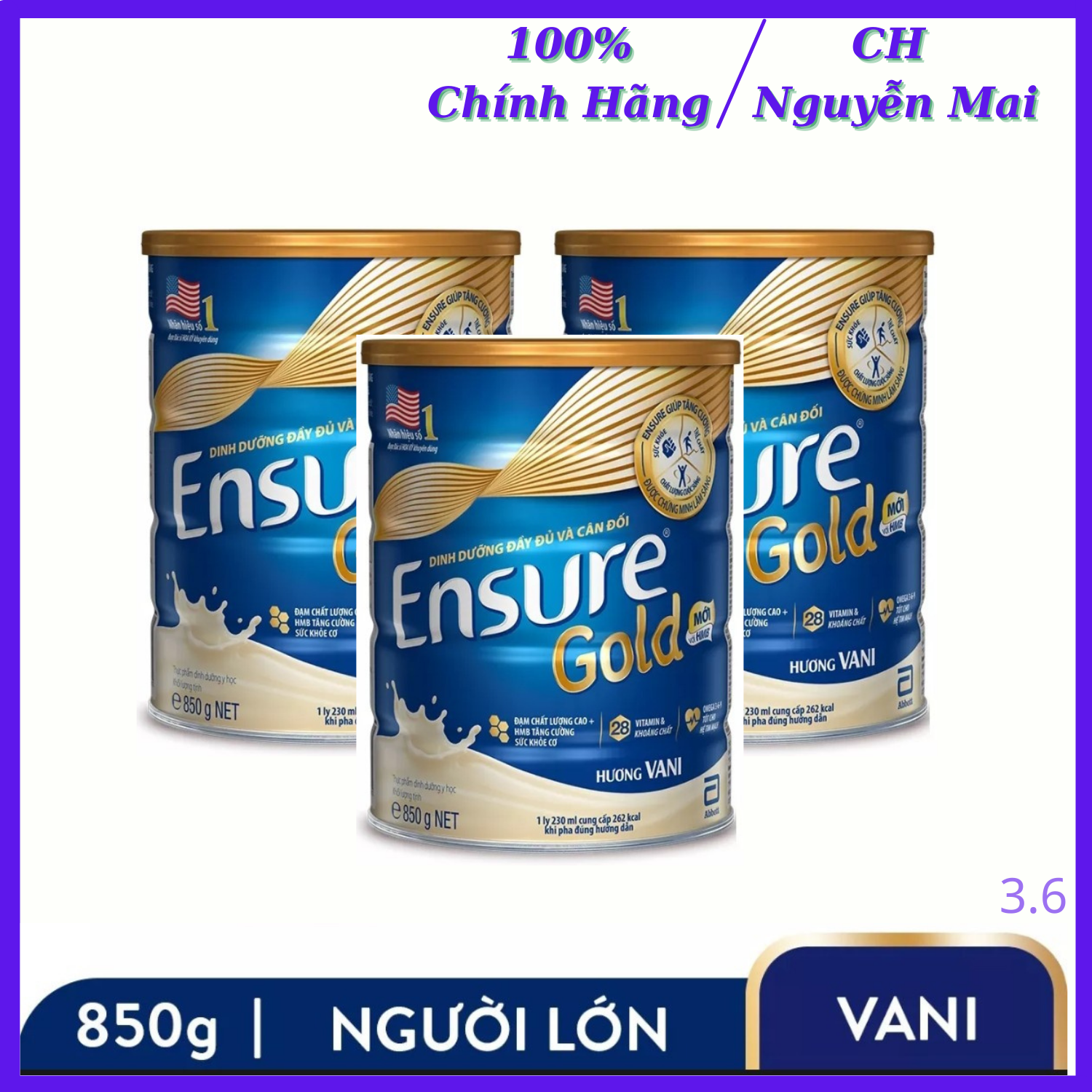 Combo 3 hộp sữa bột ensure gold hương vani 850g