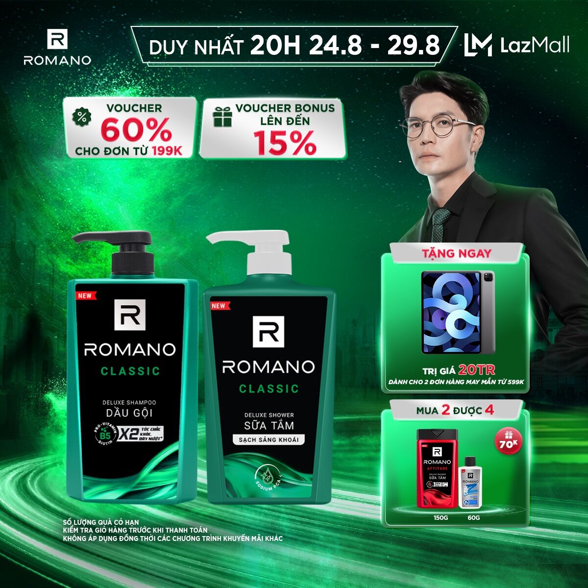 Combo Dầu gội và Sữa tắm Romano Classic 650g/chai