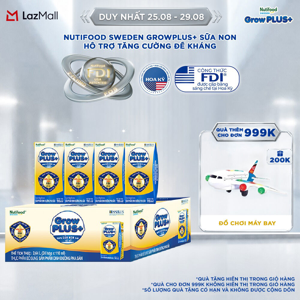 Thùng 24 hộp Sữa Bột Pha Sẵn Nutifood GrowPLUS+ Sữa Non (Vàng) - Hỗ Trợ Tăng Cường Đề Kháng 110ml - Trên 2 tuổi