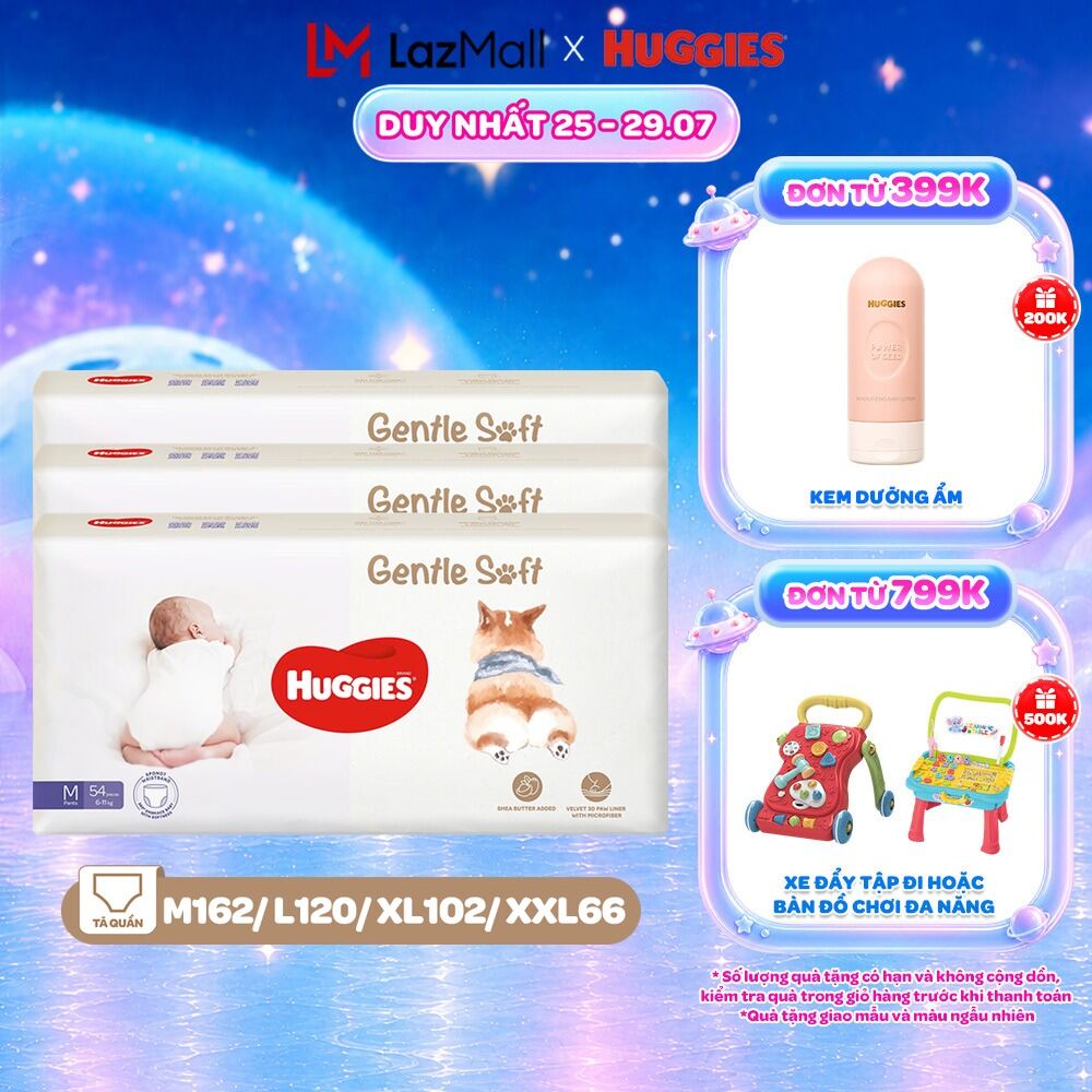 Combo 3 Tã quần Huggies Gentle Soft - Corgi M54/L40/XL34/XXL22 miếng êm mềm nâng niu làn da bé