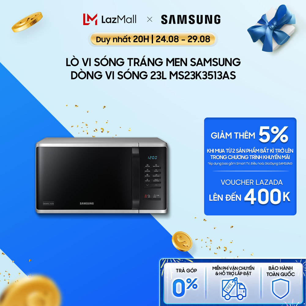 Lò vi sóng tráng men Samsung Chế độ Rã đông nhanh Dung tích 23 L Màu Bạc MS23K3513AS