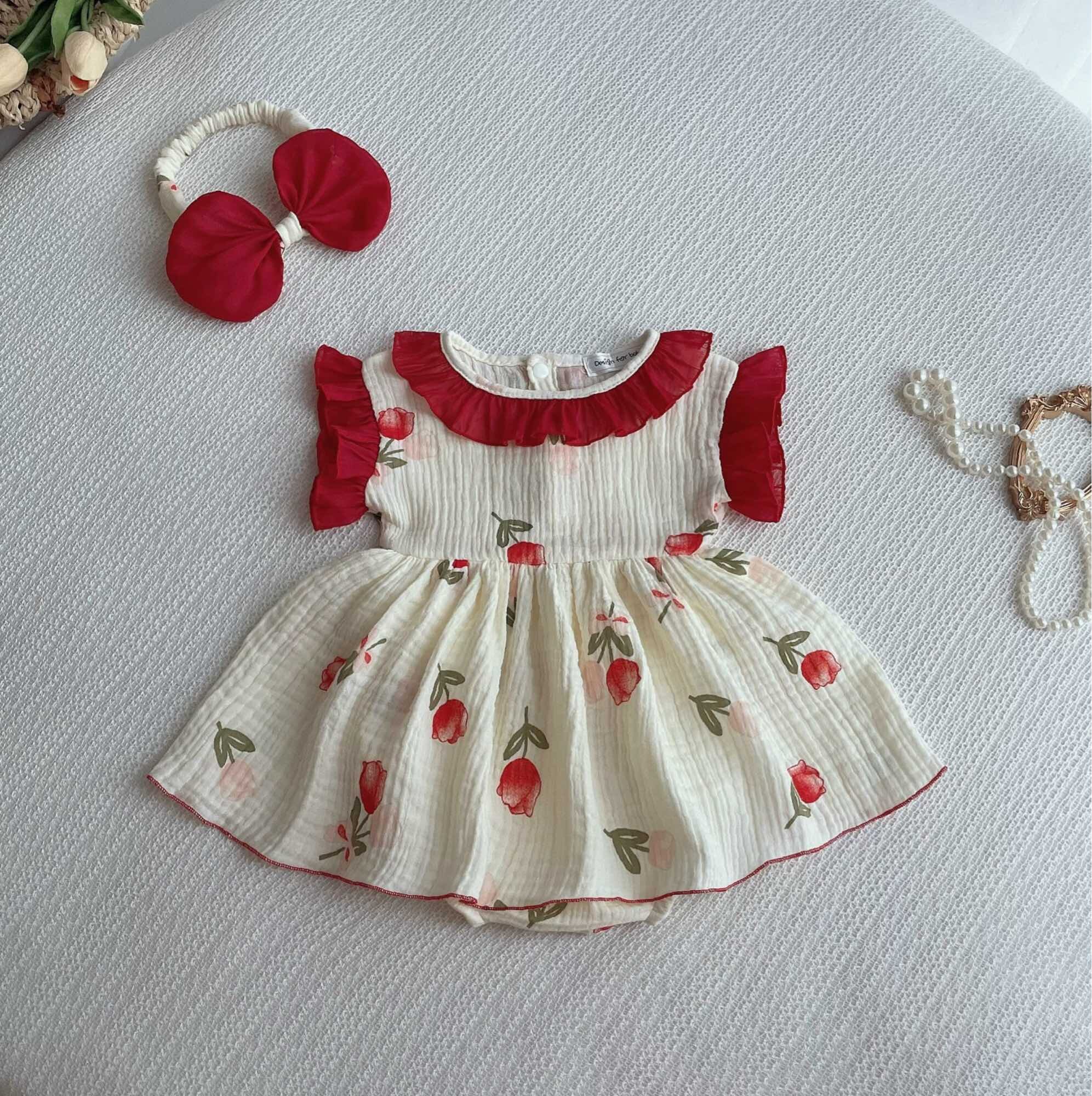 Body váy hoa tulip đỏ ryl’s closet cho bé gái sơ sinh, đầy tháng, thôi nôi, sinh nhật b105