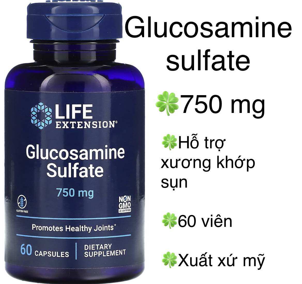   MỸ  Viên Glucosamine sulfate 750 mg Life extension 60 viên Giúp hỗ trợ sức khỏe tổng thể của khớp sụn 