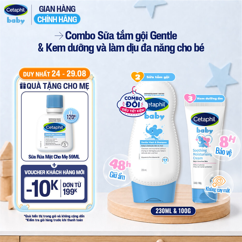 Combo 2 bước Sữa tắm gội dịu lành 230ml + Kem dưỡng ẩm làm dịu đa năng Cetaphil Baby 100Gr