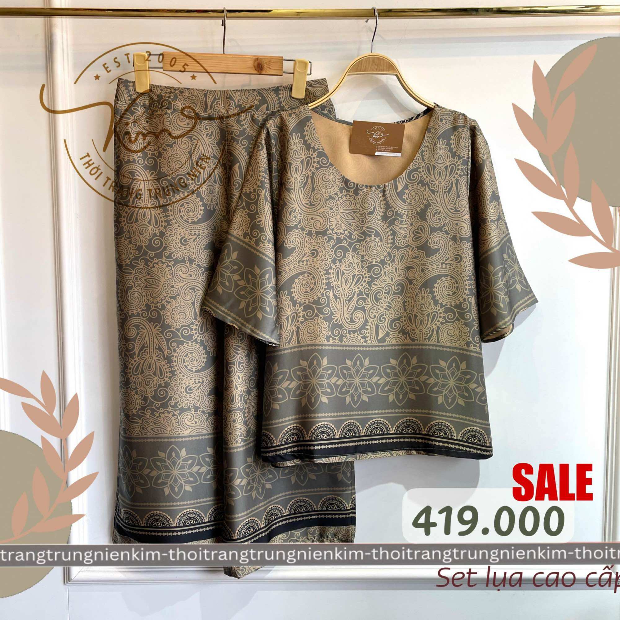 Sét bộ lụa trung niên cao cấp hoa văn thổ cẩm sang trọng Bigsize quần dài 85cm