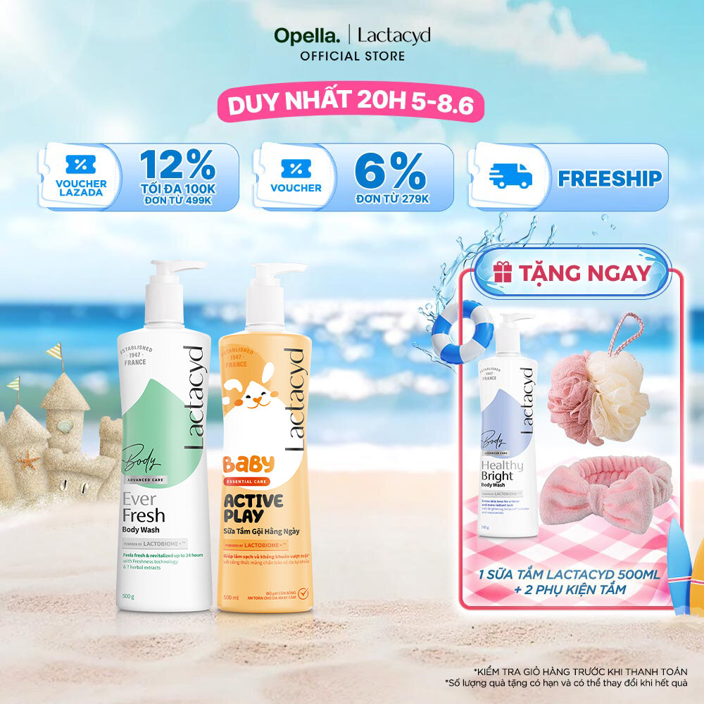 Bộ 1 Sữa tắm Lactacyd Ever Fresh mang lại làn da thơm mát và tràn đầy sức sống đến 24 giờ + 1 Sữa Tắm Gội Trẻ em Lactacyd Baby Active Play 500ml