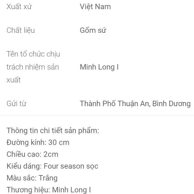 Dĩa Tròn Sứ Cao Cấp Minh Long  30 cm  - Trắng