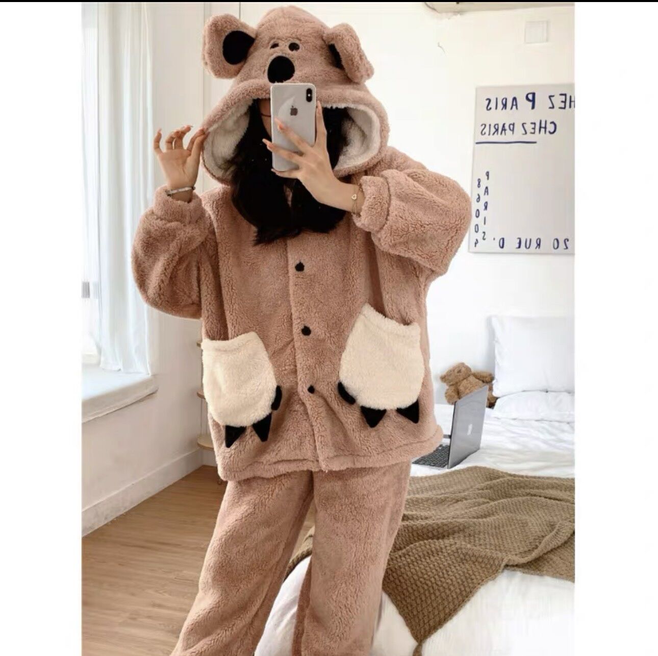 Sét bộ ngủ lông mũ gấu phối túi BN92