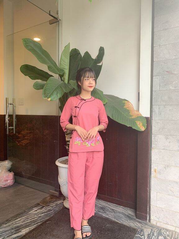 Bộ nữ đi chùa vải kate viền đôi