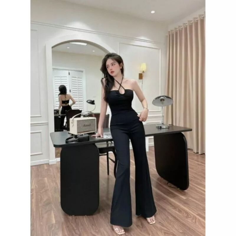 [HÀNG ĐẸP] Jumpsuit Đen Ống Loe Cổ Chéo