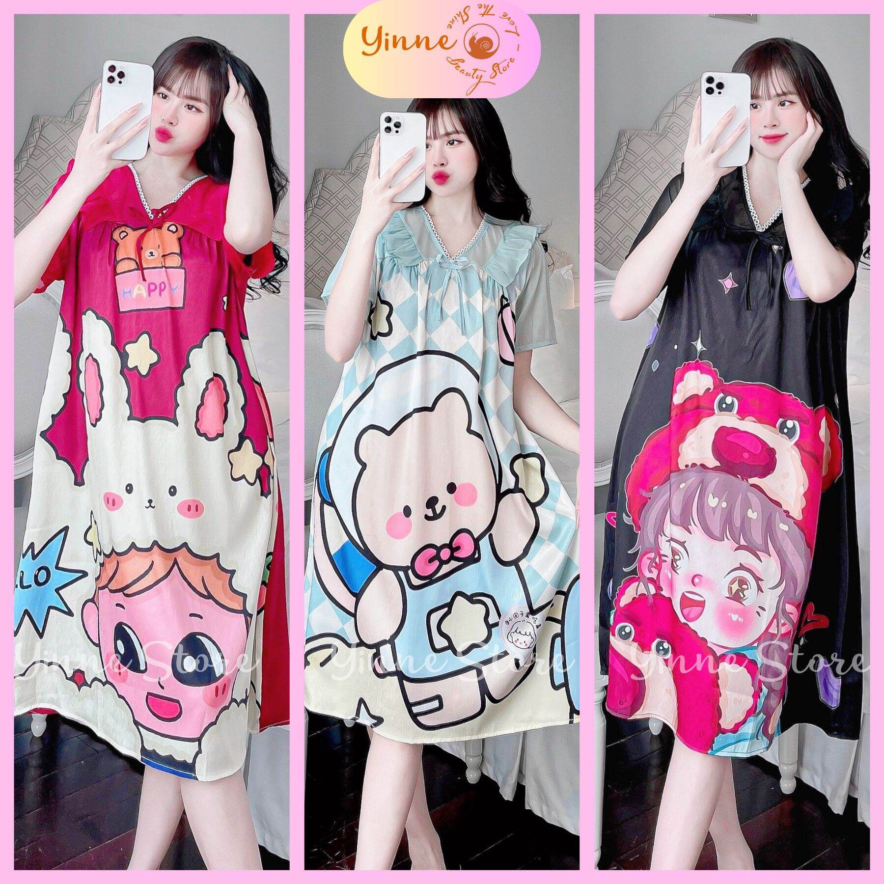 40-62kg Váy ngủ phối Tơ Bèo và Ren Cổ V Đầm mặc nhà tiểu thư Lụa Xước Ánh Kim dáng rộng Thiết Kế in 5D họa tiết dễ thương