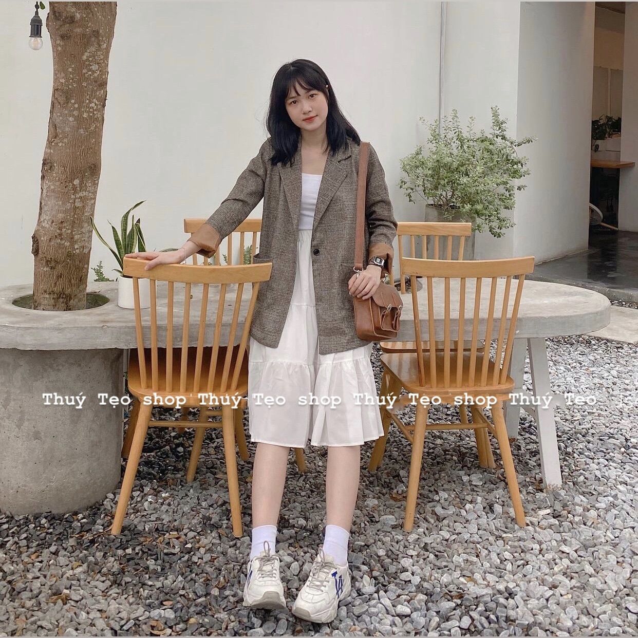 ÁO BLAZER DẠ KẺ NỮ DÀI TAY HAI LỚP