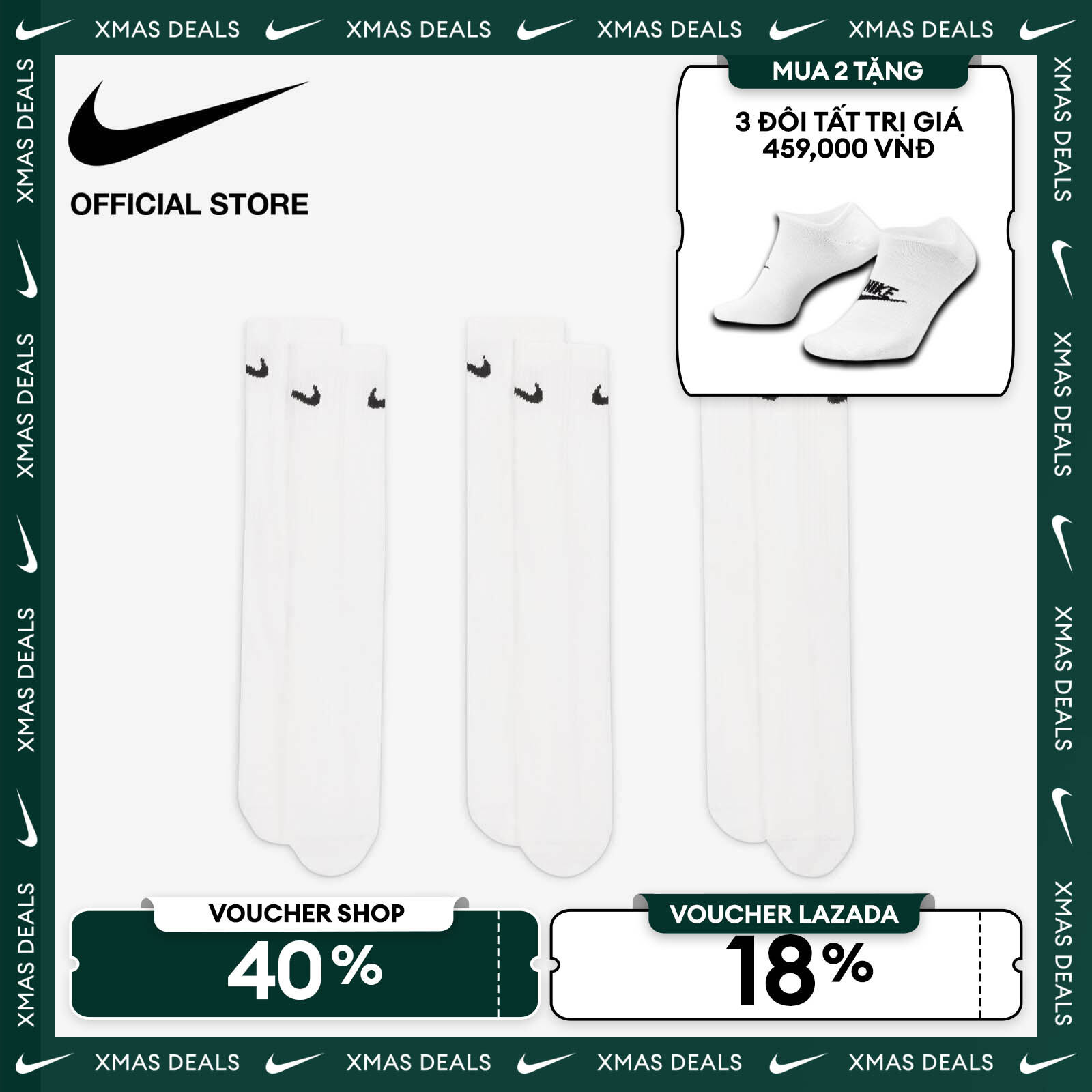   VOUCHER 40% + MUA 2 TẶNG VỚ  Tất Cổ Cao Nike Men's Everyday Lightweight Training Crew Socks  3 Pairs  - White 