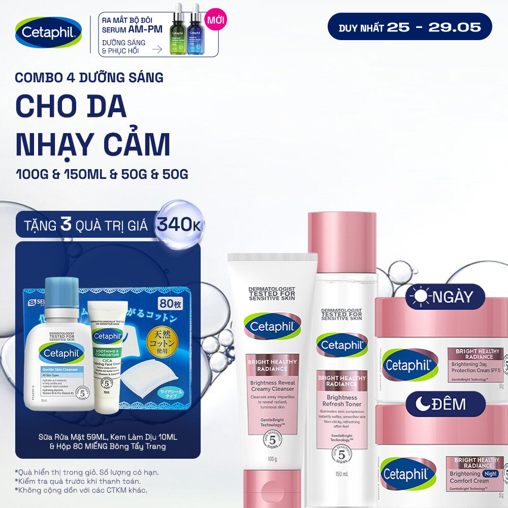 Trọn bộ 4 sản phẩm dưỡng sáng Cetaphil Bright Healthy Radiance Sữa rửa mặt 100g + Nước cân bằng 150ml + Kem dưỡng ẩm ngày 50g và Kem dưỡng ẩm đêm 50g