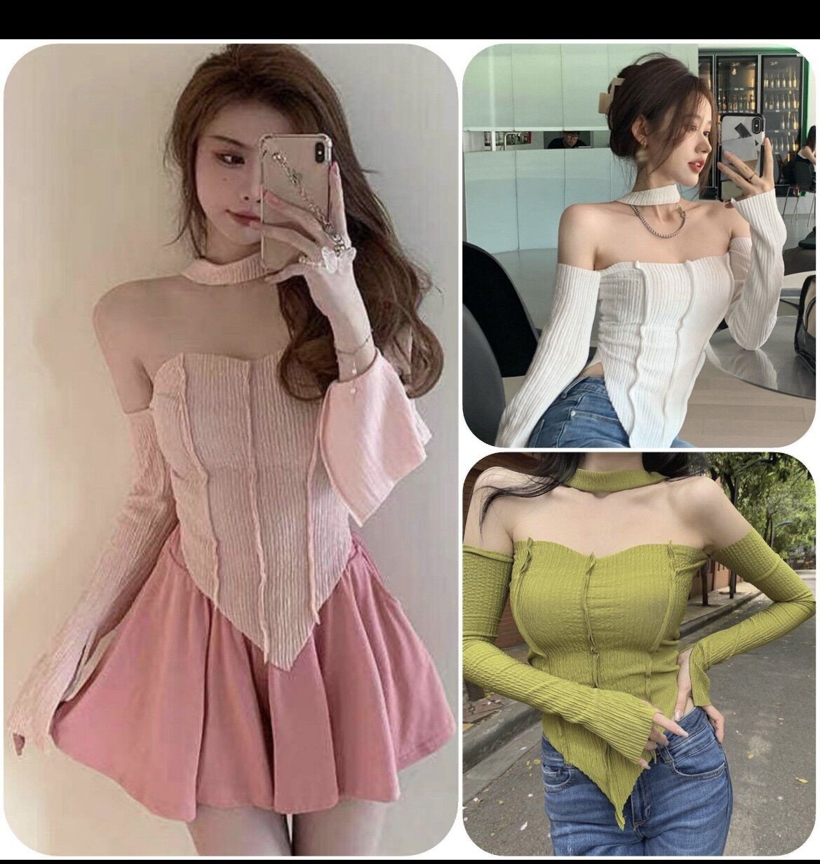 Áo bẹt vai choker tay dài BE