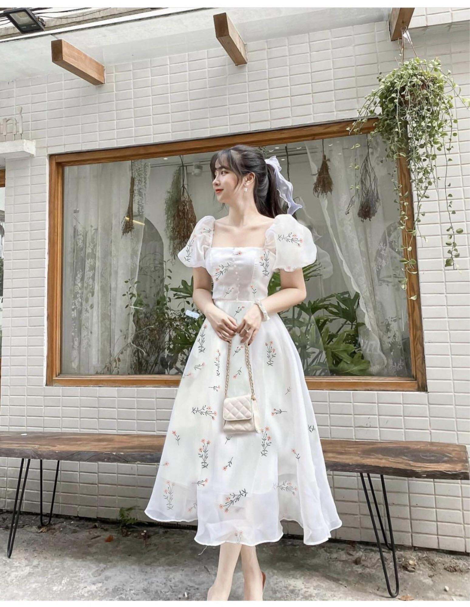 ĐẦM MIDI HOA CỔ VUÔNG NÚT BỌC