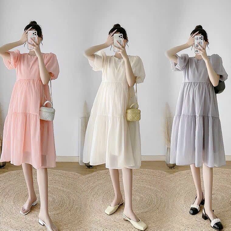 Váy bầu Maxi chất Voan mặc dự tiệc di chơi Sang Chảnh, Đầm bầu tiểu thư kiểu babydoll tay bồng thời trang cho nữ