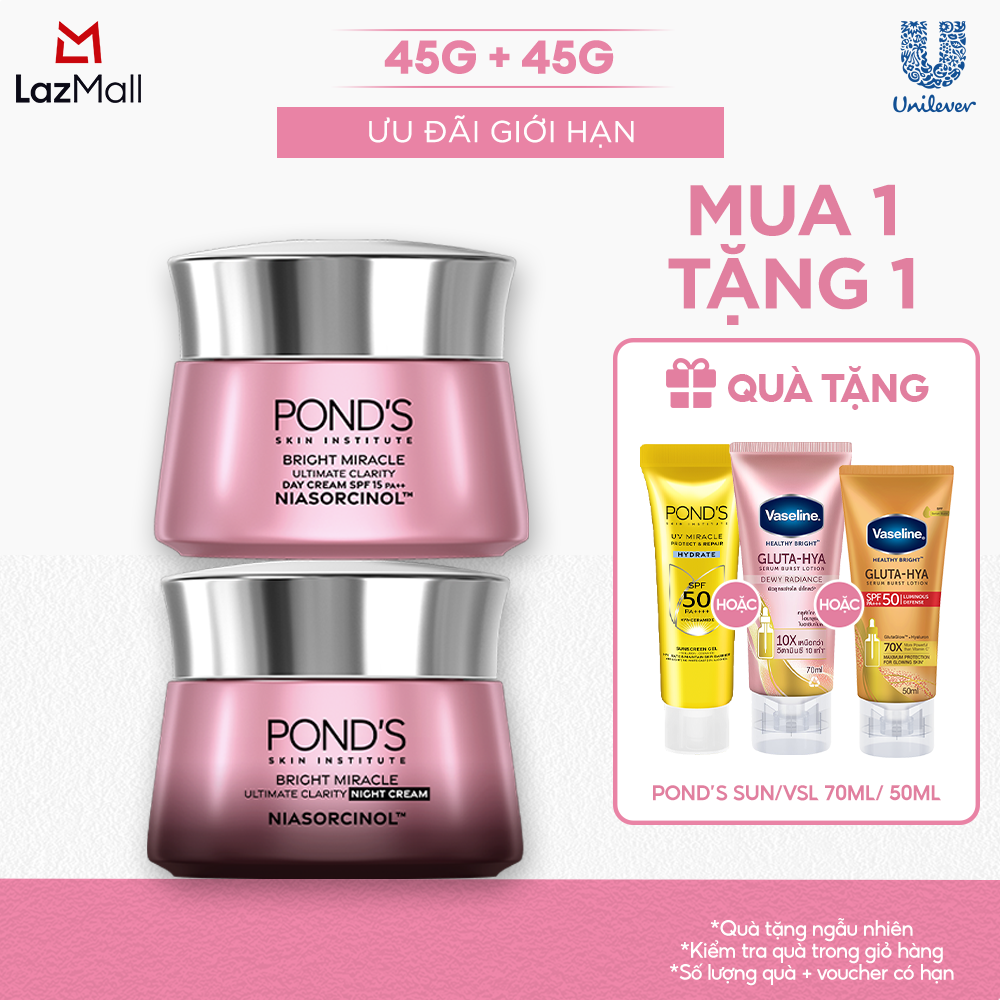 [Combo] Bộ 2 Kem dưỡng sáng da đa tầng ngày  đêm Pond's Bright Miracle mờ thâm sạm với 50X Niasorcinol 45G+45G
