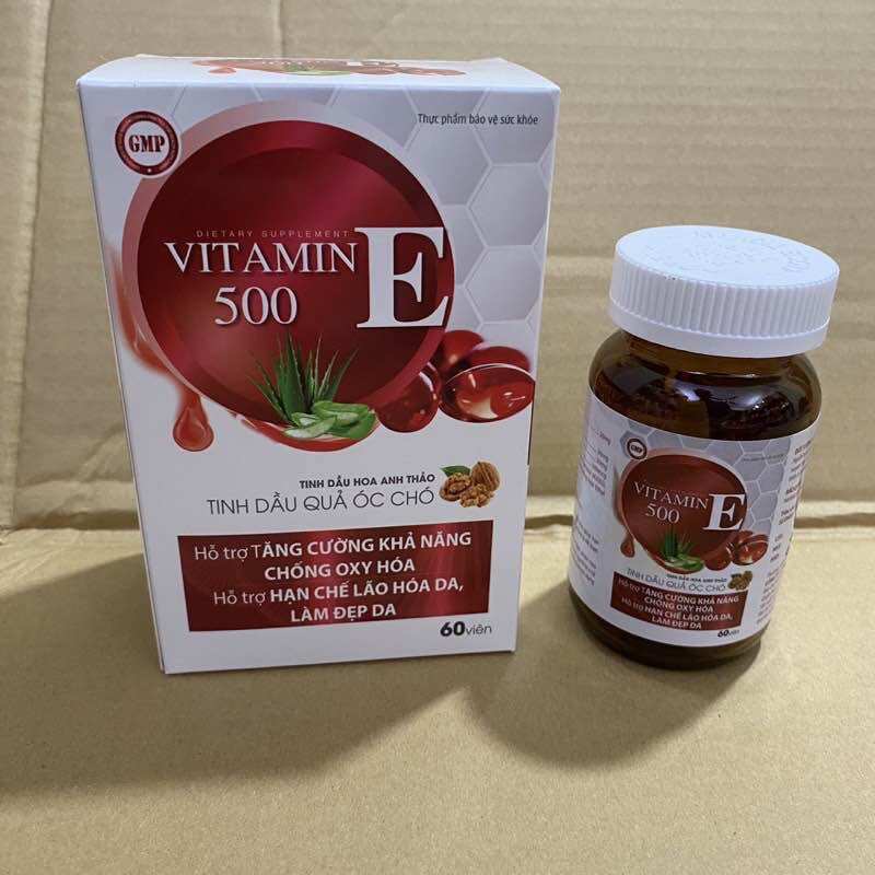 Hộp 60 viên uống sáng da vitamin e đỏ vitamin e500 tinh dầu hoa anh thảo tinh dầu óc chó - vitamin e 500 giúp làm đẹp da