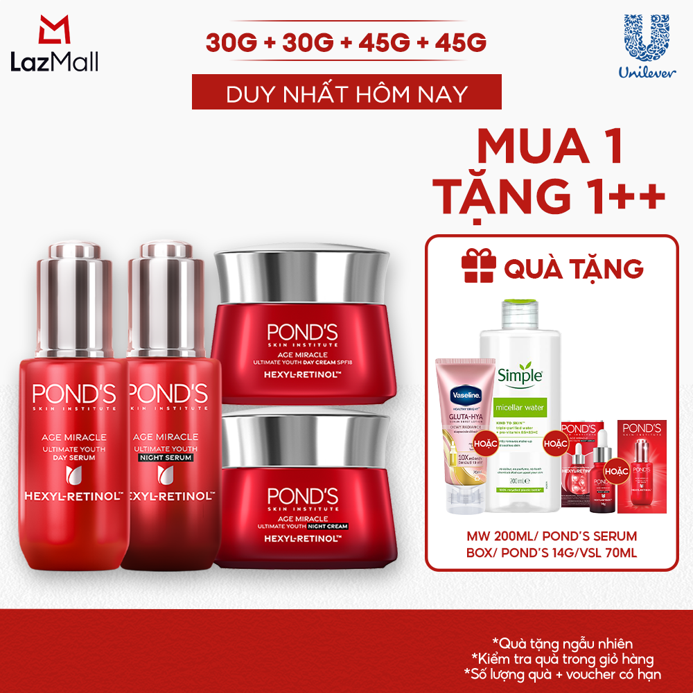 Combo 2 Serum và 2 Kem dưỡng ngày  đêm Pond's Age Miracle mờ đốm nâu, nếp nhăn với 50X Hexyl-Retinol 30G+30G+45G+45G