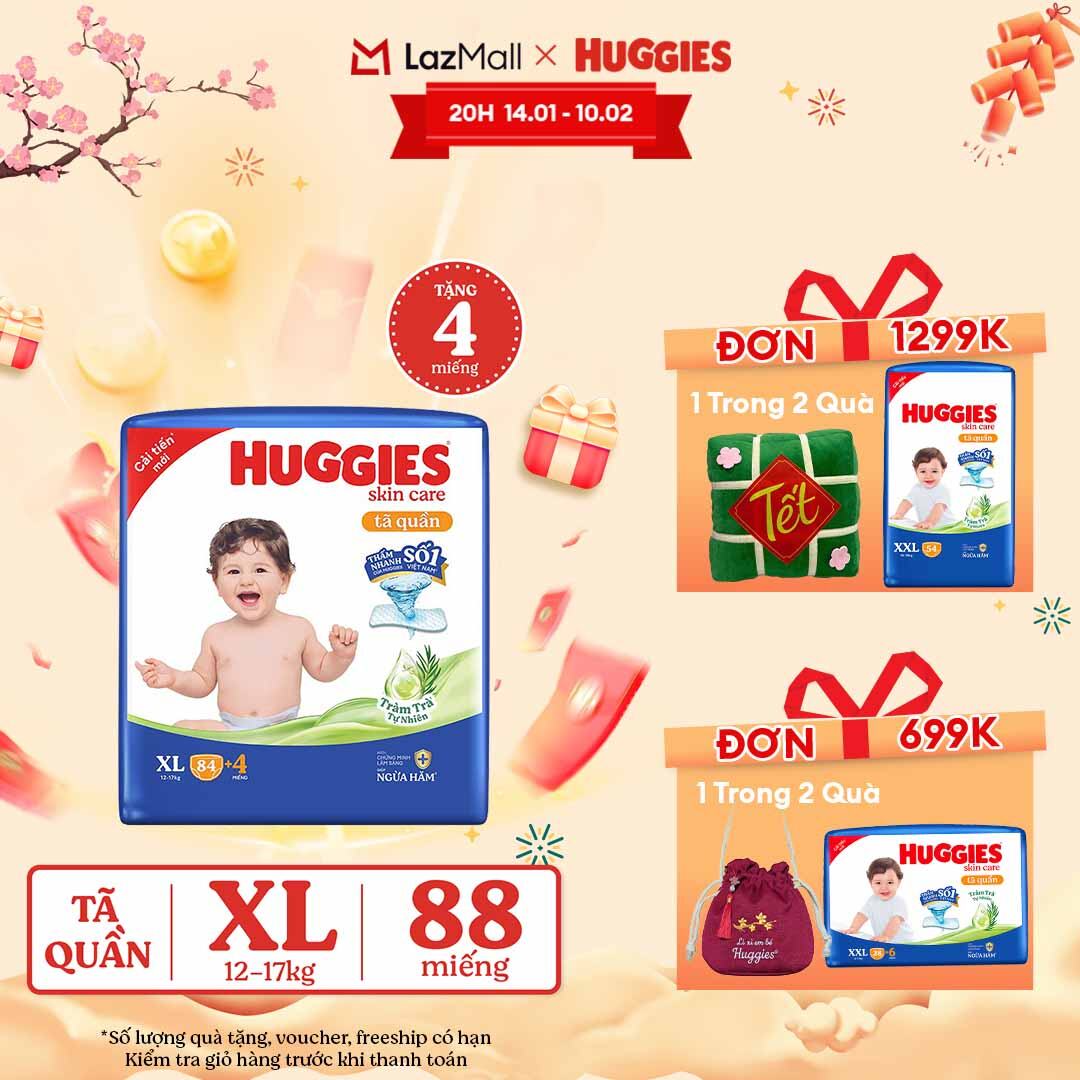 [CHỈ 15.01-10.02 GIẢM THÊM 90K]  Gói Tã/bỉm quần HUGGIES SKINCARE MEGA JUMBO size XL84+4 miếng