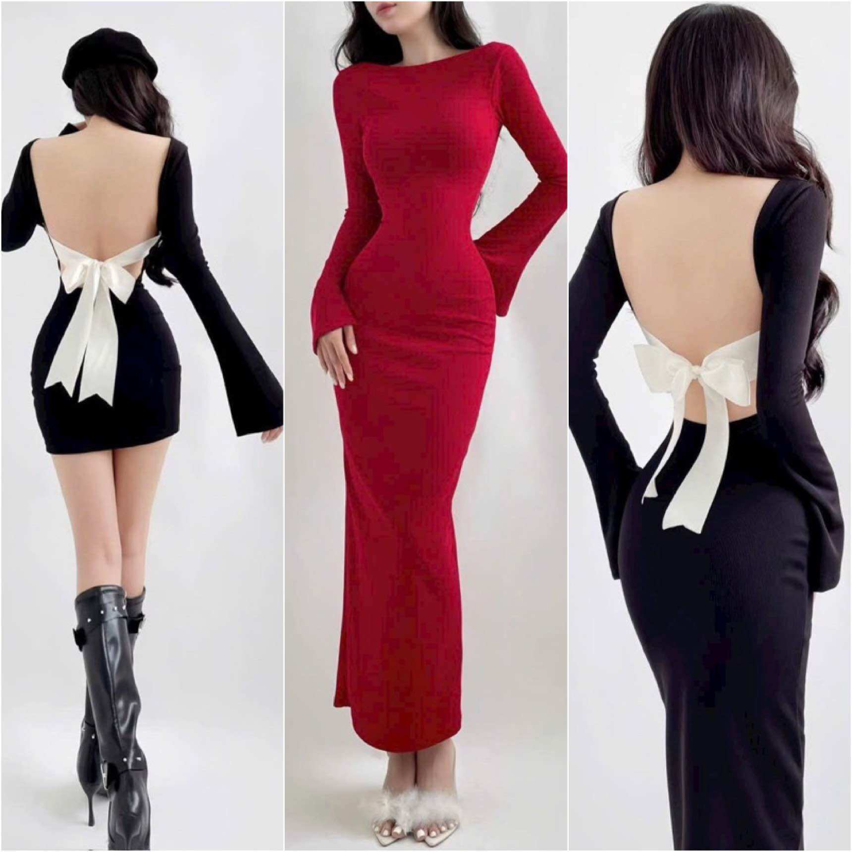 Đầm body kiểu hót tay dài hở lưng cột nơ lumi9