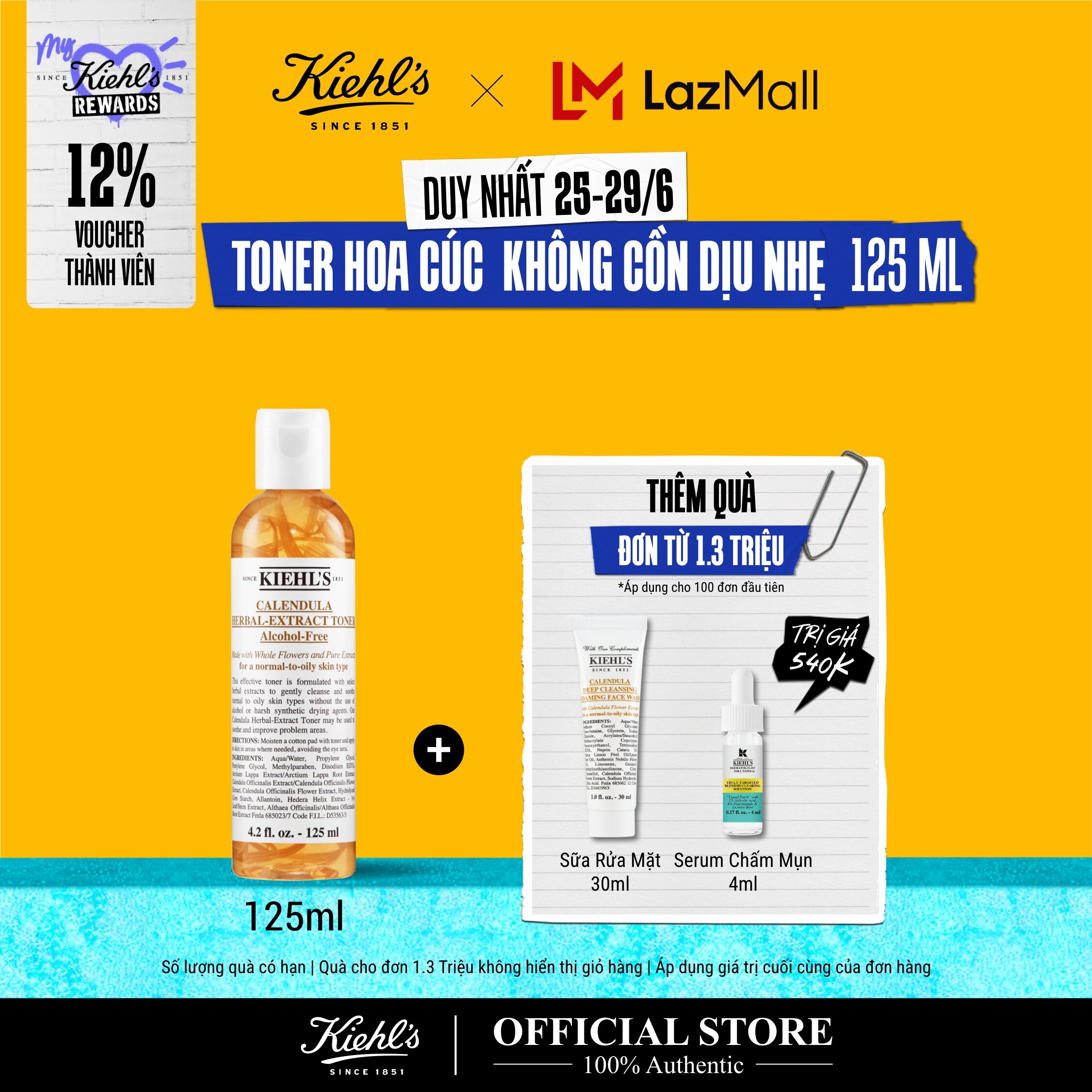 [TẶNG QUÀ ĐƠN 1.3 TRIỆU] Nước cân bằng hoa cúc Kiehl's Calendula Herbal Extract Alcohol-Free Toner 125ml