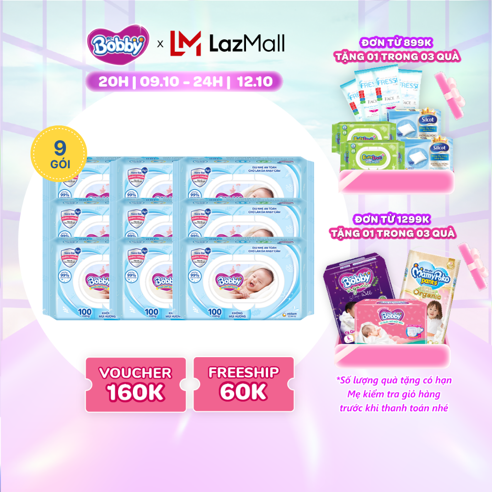 [CHỈ 20H 09-12/10 QT Đơn 899K/1199K]Combo 9 gói khăn ướt Bobby Care không hương 100 miếng/gói