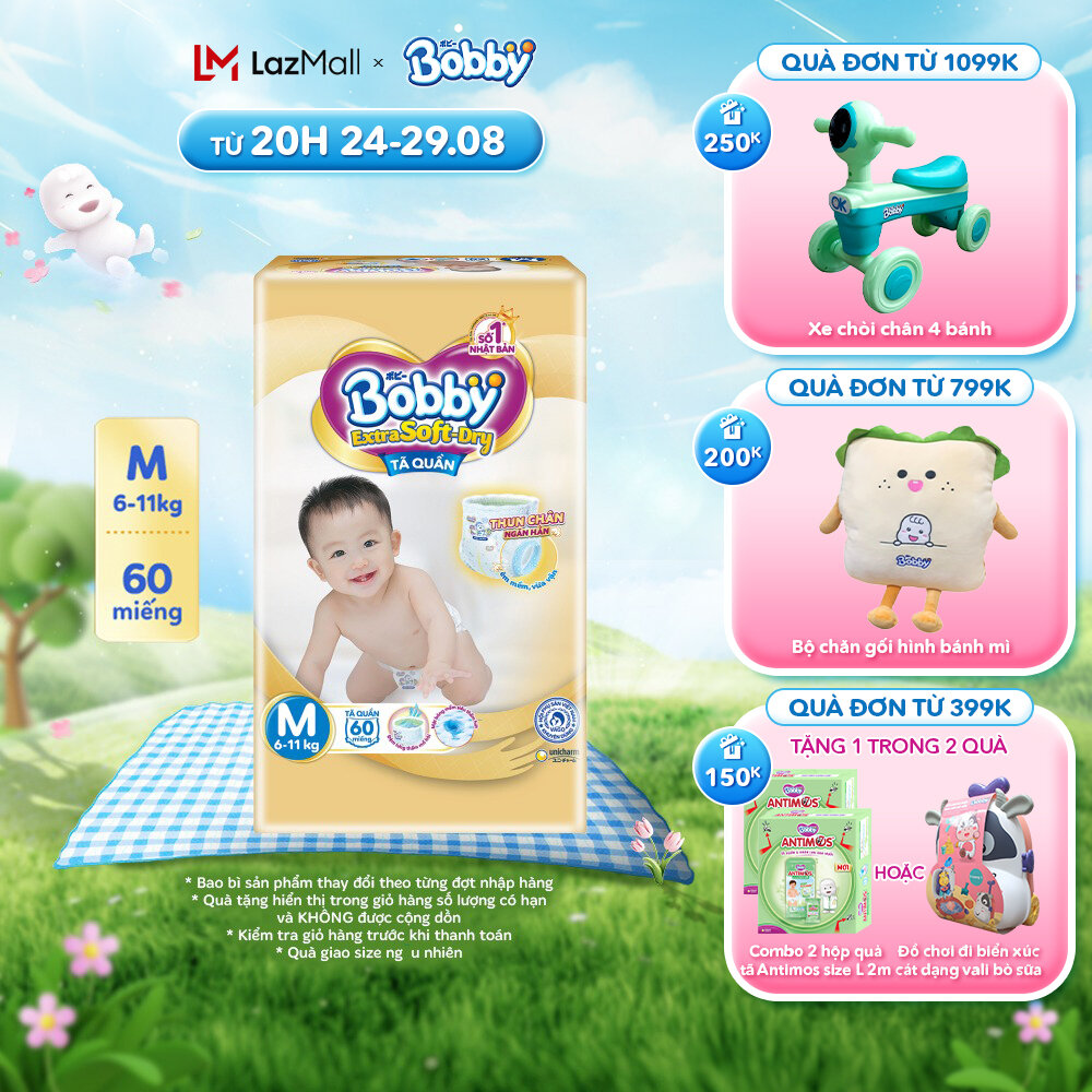 Tã quần cao cấp Bobby Extra Soft-Dry M60/L52/XL46/XXL42