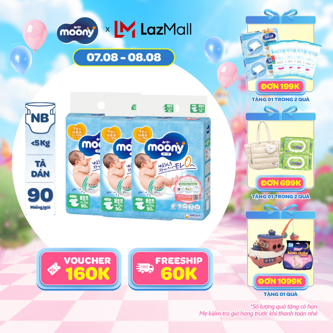 [20g 7-10.8 QUÀ TẶNG SLCH] Combo 3 tã dán cao cấp Moony Newborn 90 miếng - Nhập khẩu từ Nhật Bản