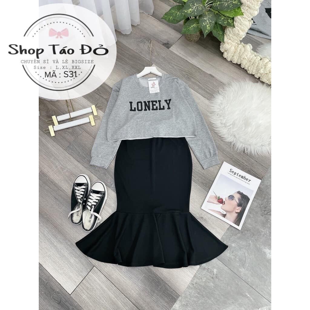 (Shop Táo Đỏ Bigsize 50kg-90kg) Set áo croptop Lonely mix chân váy đui cá dài