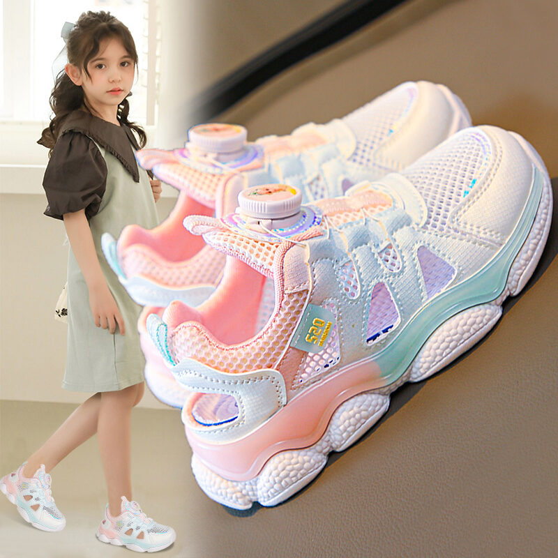 Giày Lười Lưới Thoáng Khí Mùa Hè Cho Bé Gái Giày Thể Thao Có Khóa Quay Giày Đơn Khoét Sâu Thoáng Khí Cho Trẻ Em